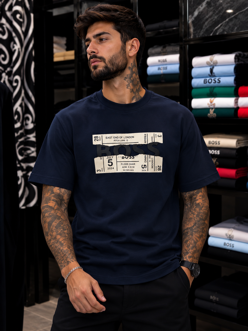 CAMISETA ALTO GRAMAJE BOSS AZUL PERIÓDICO