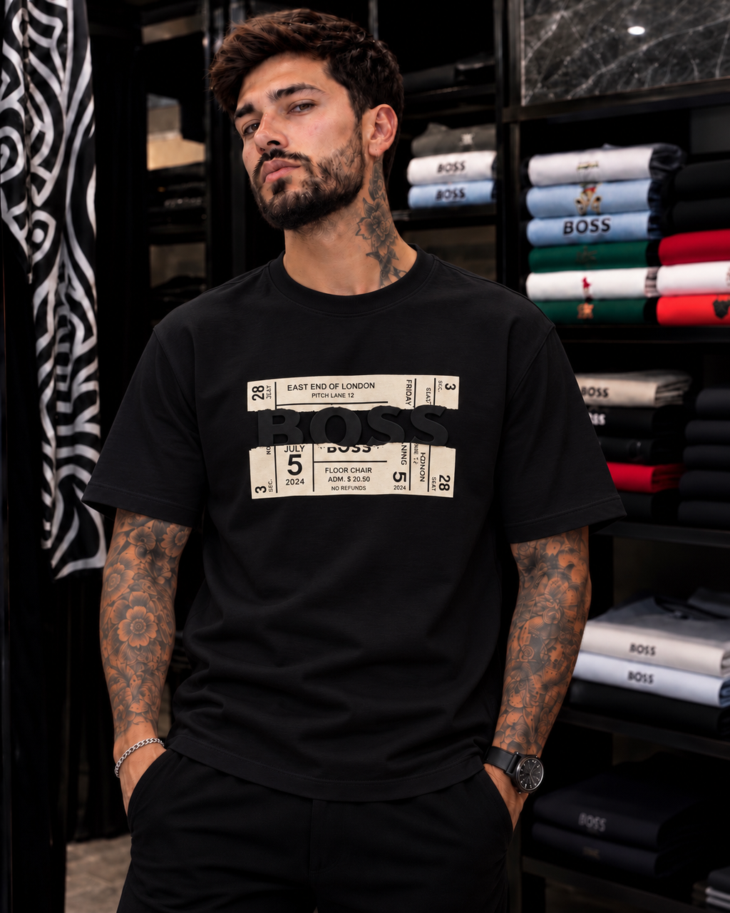 CAMISETA ALTO GRAMAJE BOSS  NEGRO PERIÓDICO